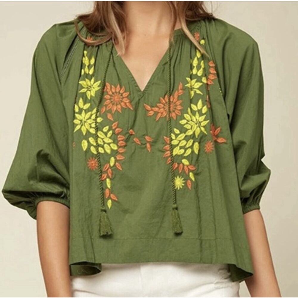 O'Neill Aven Embroidered Floral Top L Green Cotton Balloon Sleeve Boho Cottage